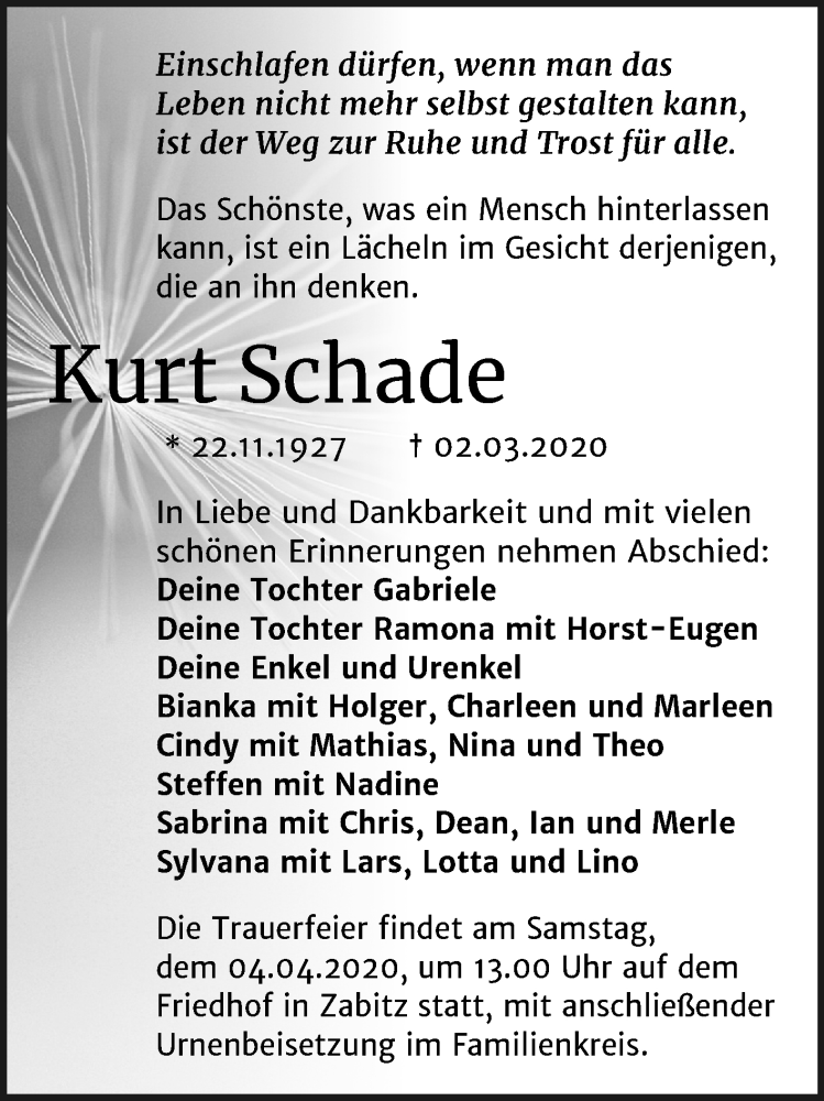  Traueranzeige für Kurt Schade vom 14.03.2020 aus Super Sonntag Köthen