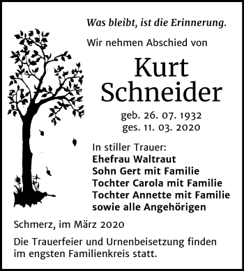 Traueranzeige von Kurt Schneider von Wochenspiegel Bitterfeld