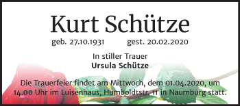 Traueranzeige von Kurt Schütze von Mitteldeutsche Zeitung Naumburg/Nebra