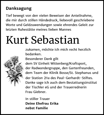 Traueranzeige von Kurt Sebastian von Super Sonntag Wittenberg