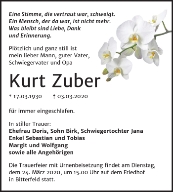Traueranzeige von Kurt Zuber von Mitteldeutsche Zeitung Bitterfeld