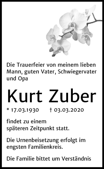 Traueranzeige von Kurt Zuber von Mitteldeutsche Zeitung Bitterfeld