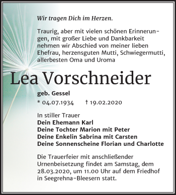 Traueranzeige von Lea Vorschneider von Super Sonntag Wittenberg