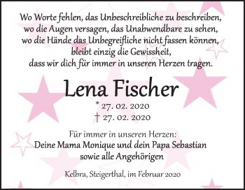 Traueranzeige von Lena Fischer von Mitteldeutsche Zeitung Sangerhausen