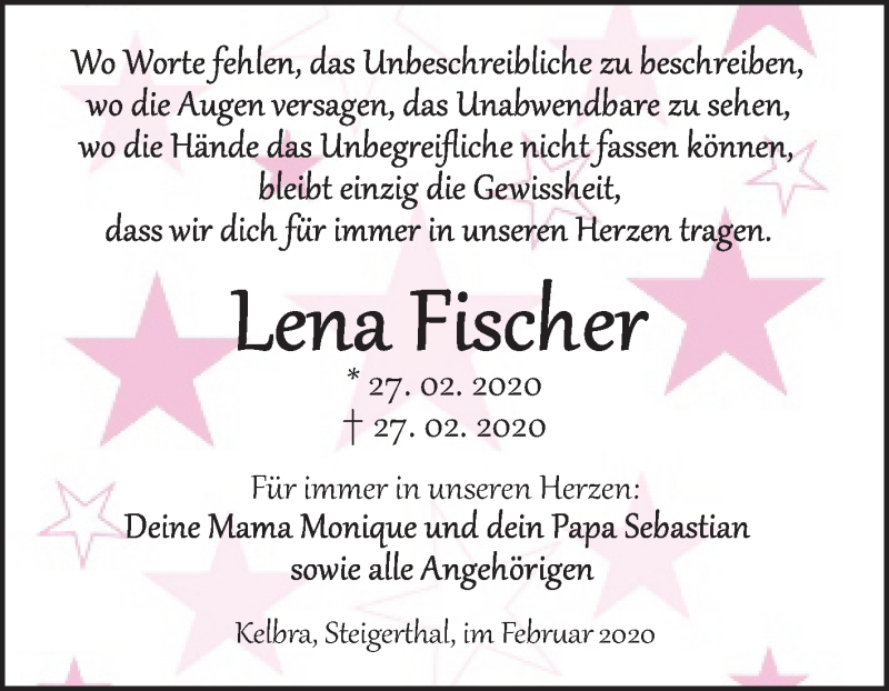  Traueranzeige für Lena Fischer vom 07.03.2020 aus Mitteldeutsche Zeitung Sangerhausen