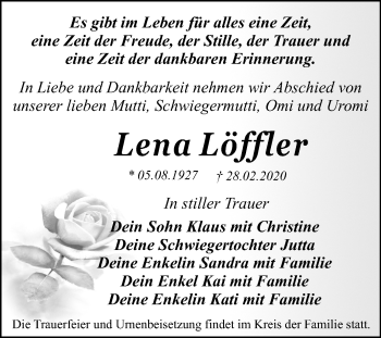 Traueranzeige von Lena Löffler von Mitteldeutsche Zeitung Zeitz
