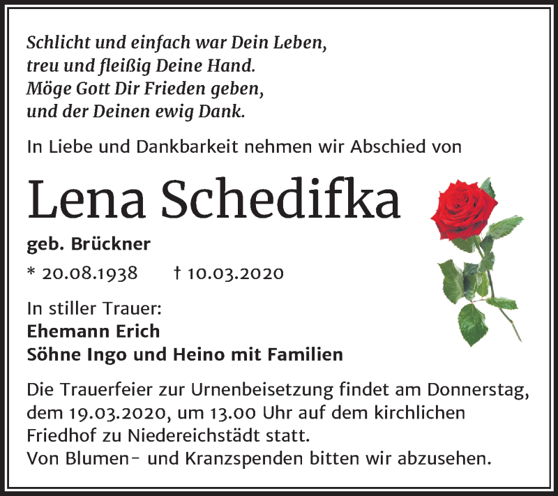  Traueranzeige für Lena Schedifka vom 14.03.2020 aus Super Sonntag Merseburg/Querfurt