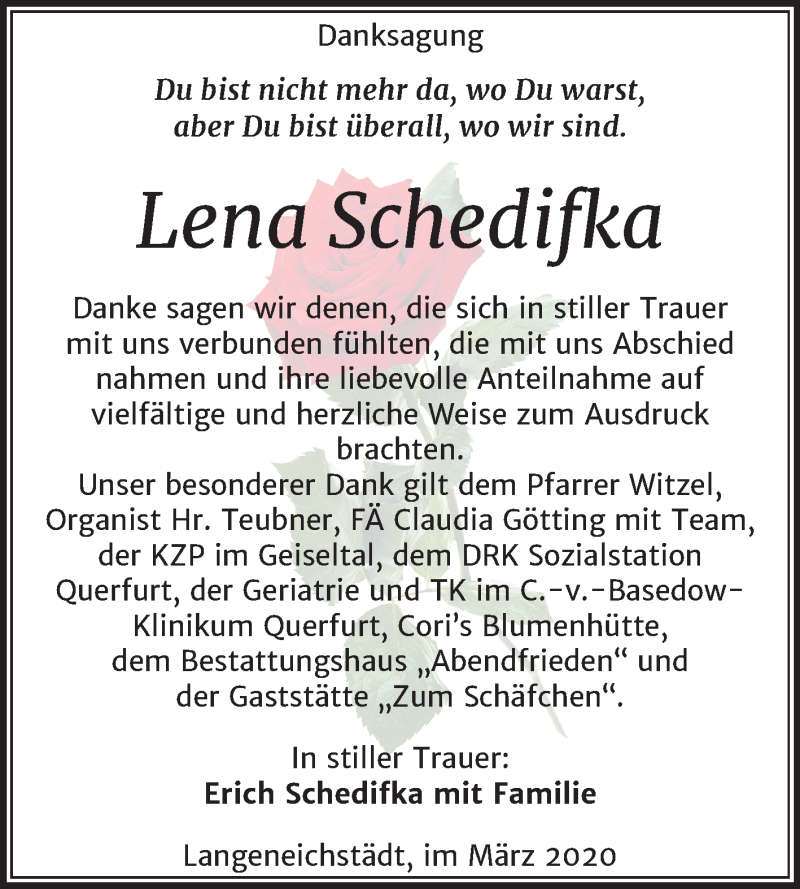  Traueranzeige für Lena Schedifka vom 28.03.2020 aus Super Sonntag Merseburg/Querfurt