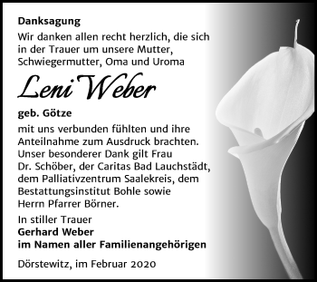 Traueranzeige von Leni Weber von Mitteldeutsche Zeitung Merseburg/Querfurt