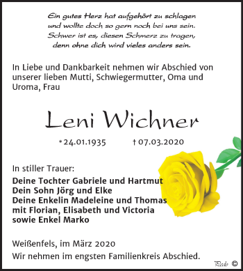 Traueranzeige von Leni Wichner von Mitteldeutsche Zeitung Weißenfels