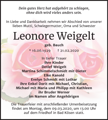 Traueranzeige von Leonore Weigelt von Mitteldeutsche Zeitung Naumburg/Nebra