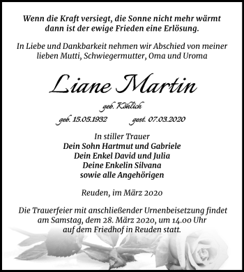 Traueranzeige von Liane Martin von Mitteldeutsche Zeitung Zeitz