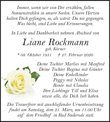 Traueranzeige von Liane Rockmann von Mitteldeutsche Zeitung Quedlinburg