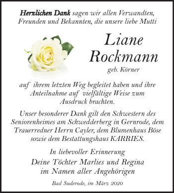Traueranzeige von Liane Rockmann von Super Sonntag Quedlinburg