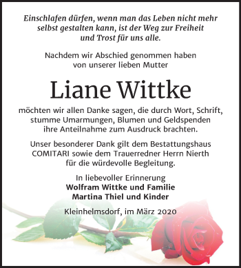 Traueranzeige von Liane Wittke von Mitteldeutsche Zeitung Zeitz
