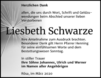 Traueranzeige von Liesbeth Schwarze von Mitteldeutsche Zeitung Bitterfeld