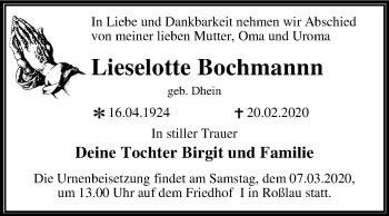 Traueranzeige von Lieselotte Bochmann von Super Sonntag Dessau-Roßlau