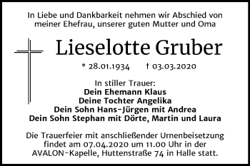 Traueranzeige von Lieselotte Gruber von Mitteldeutsche Zeitung Halle/Saalkreis
