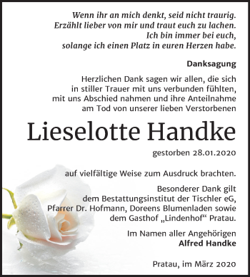 Traueranzeige von Lieselotte Handke von Mitteldeutsche Zeitung Wittenberg