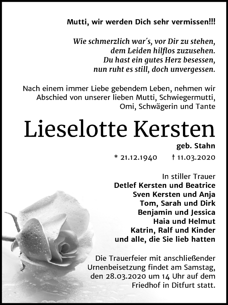  Traueranzeige für Lieselotte Kersten vom 24.03.2020 aus Mitteldeutsche Zeitung Quedlinburg
