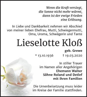 Traueranzeige von Lieselotte Kloß von Super Sonntag Bernburg