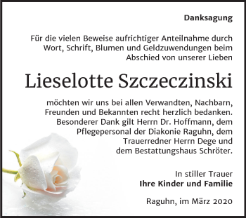 Traueranzeige von Lieselotte Szczeczinski von Mitteldeutsche Zeitung Bitterfeld