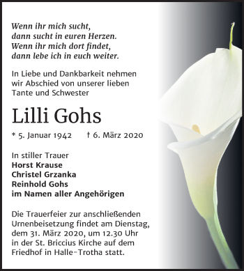 Traueranzeige von Lilli Gohs von Mitteldeutsche Zeitung Halle/Saalkreis