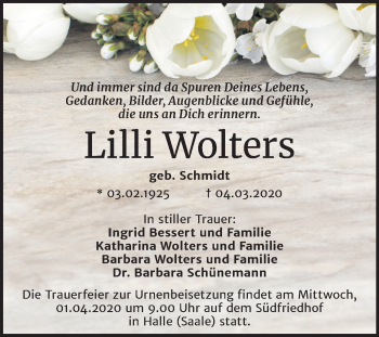 Traueranzeige von Lilli Wolters von Mitteldeutsche Zeitung Halle/Saalkreis
