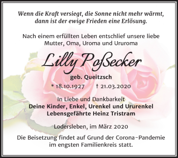 Traueranzeige von Lilly Poßecker von Mitteldeutsche Zeitung Merseburg/Querfurt