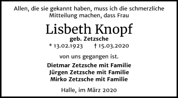 Traueranzeige von Lisbeth Knopf von Mitteldeutsche Zeitung Zeitz