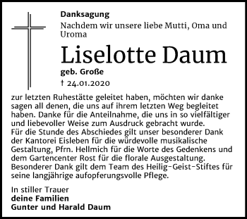 Traueranzeige von Liselotte Daum von Wochenspiegel Mansfelder Land