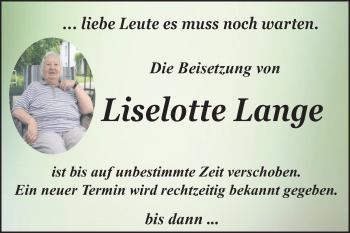 Traueranzeige von Liselotte Lange von Mitteldeutsche Zeitung Dessau-Roßlau