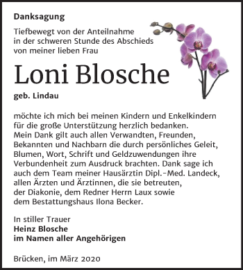 Traueranzeige von Loni Blosche von Mitteldeutsche Zeitung Sangerhausen