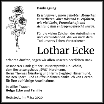 Traueranzeige von Lothar Ecke von Mitteldeutsche Zeitung Mansfelder Land