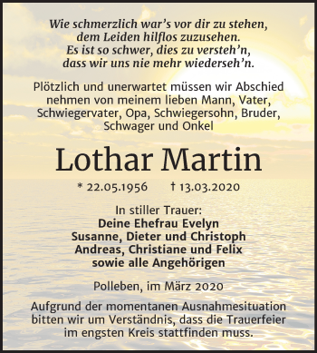 Traueranzeige von Lothar Martin von Super Sonntag Mansfelder Land