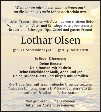 Traueranzeige von Lothar Olsen von Mitteldeutsche Zeitung Halle/Saalkreis