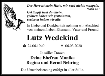 Traueranzeige von Lutz Wedekind von Super Sonntag Wittenberg