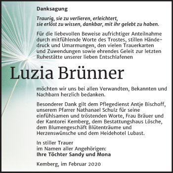 Traueranzeige von Luzia Brünner von Mitteldeutsche Zeitung Wittenberg