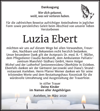 Traueranzeige von Luzia Ebert von Mitteldeutsche Zeitung Mansfelder Land