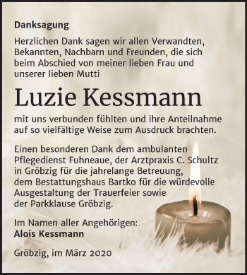 Traueranzeige von Luzie Kessmann von Mitteldeutsche Zeitung Köthen