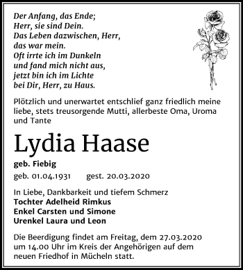 Traueranzeige von Lydia Haase von Super Sonntag Merseburg/Querfurt