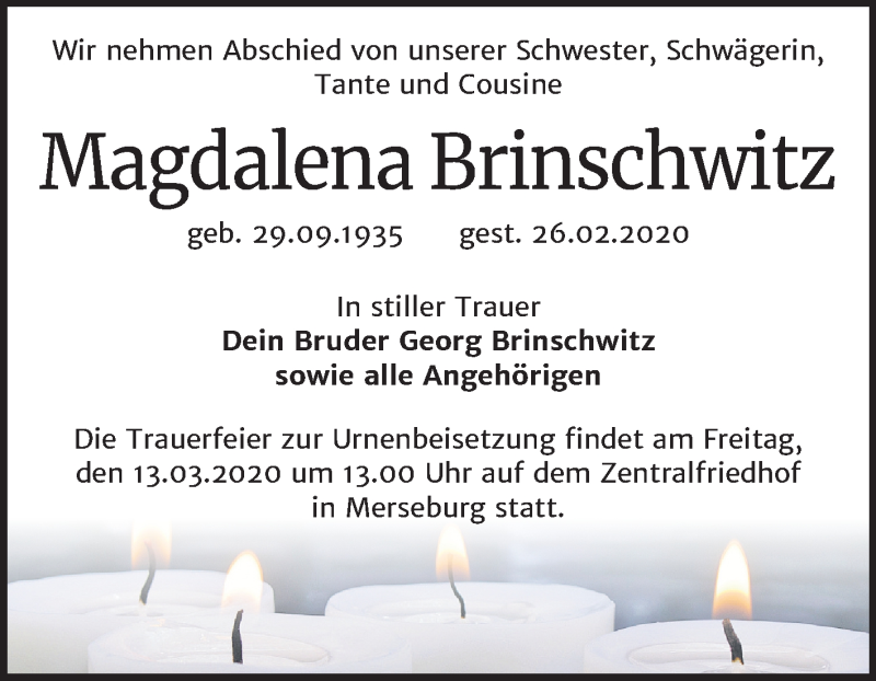  Traueranzeige für Magdalena Brinschwitz vom 07.03.2020 aus Super Sonntag Merseburg/Querfurt