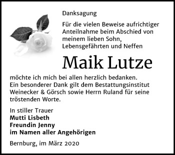Traueranzeige von Maik Lutze von Super Sonntag Bernburg