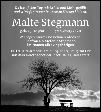 Traueranzeige von Malte Stegmann von Mitteldeutsche Zeitung Halle/Saalkreis