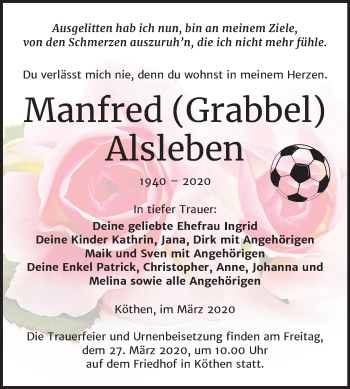 Traueranzeige von Manfred Alsleben von Super Sonntag Köthen