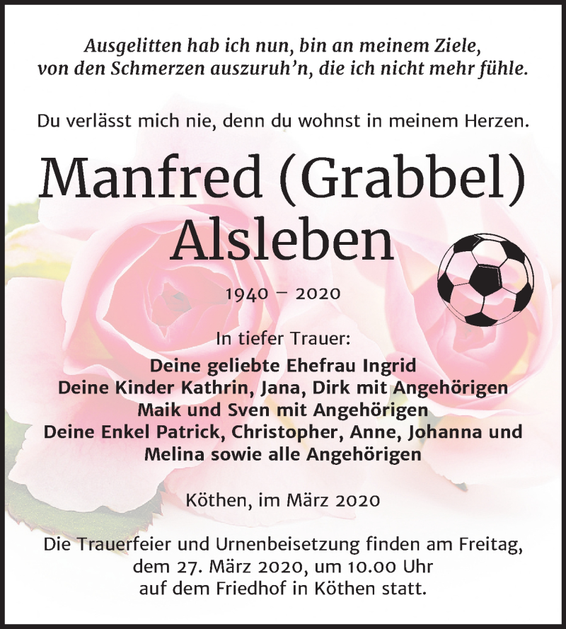  Traueranzeige für Manfred Alsleben vom 19.03.2020 aus Mitteldeutsche Zeitung Köthen