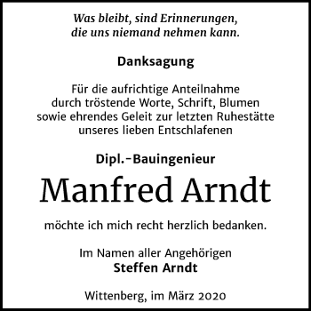 Traueranzeige von Manfred Arndt von Mitteldeutsche Zeitung Wittenberg