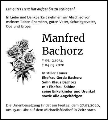 Traueranzeige von Manfred Bachorz von Super Sonntag Zeitz