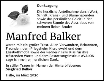 Traueranzeige von Manfred Balker von Mitteldeutsche Zeitung Halle/Saalkreis
