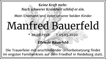 Traueranzeige von Manfred Bauerfeld von Mitteldeutsche Zeitung Halle/Saalkreis